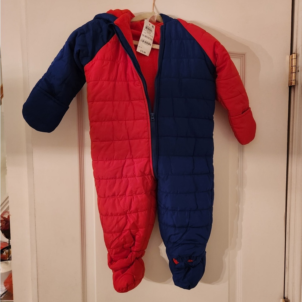NWT First Impressions Baby Boy Snowsuit Bunting Red and‎ Blue Footie